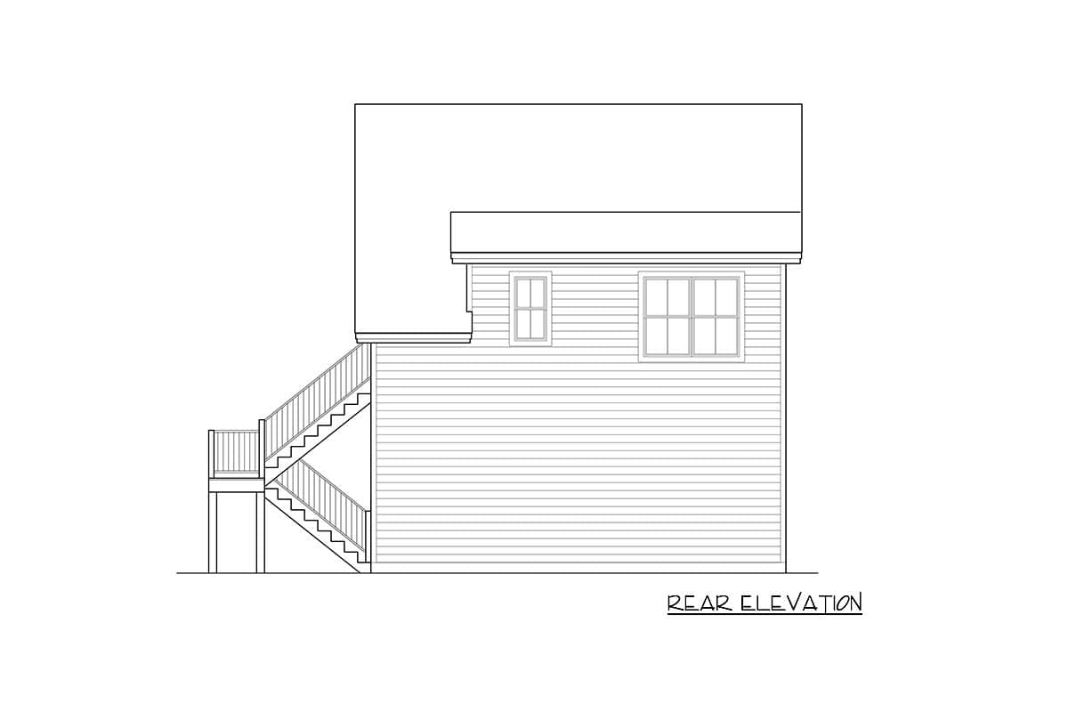 Rear elevation drawing of a house plan featuring horizontal siding, two windows, and an exterior staircase with railings.