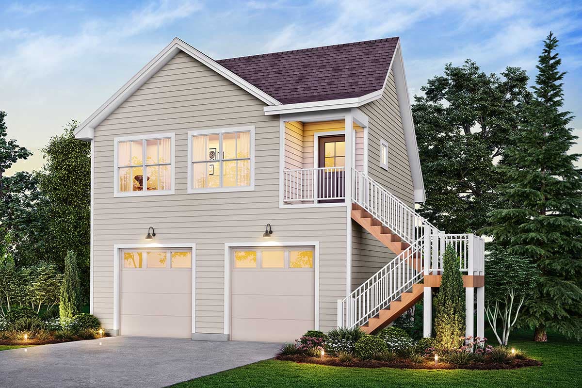 House plan exterior with two stories. Features include a side-entry garage, balcony, and shed roof over the entryway.
