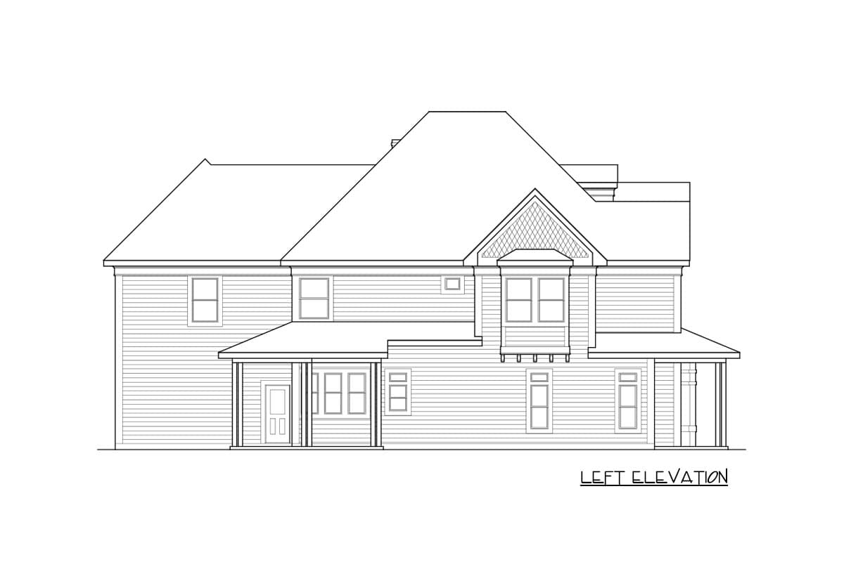 Left elevation drawing of a two-story house plan featuring a covered entry porch, bay window, and gabled dormer.