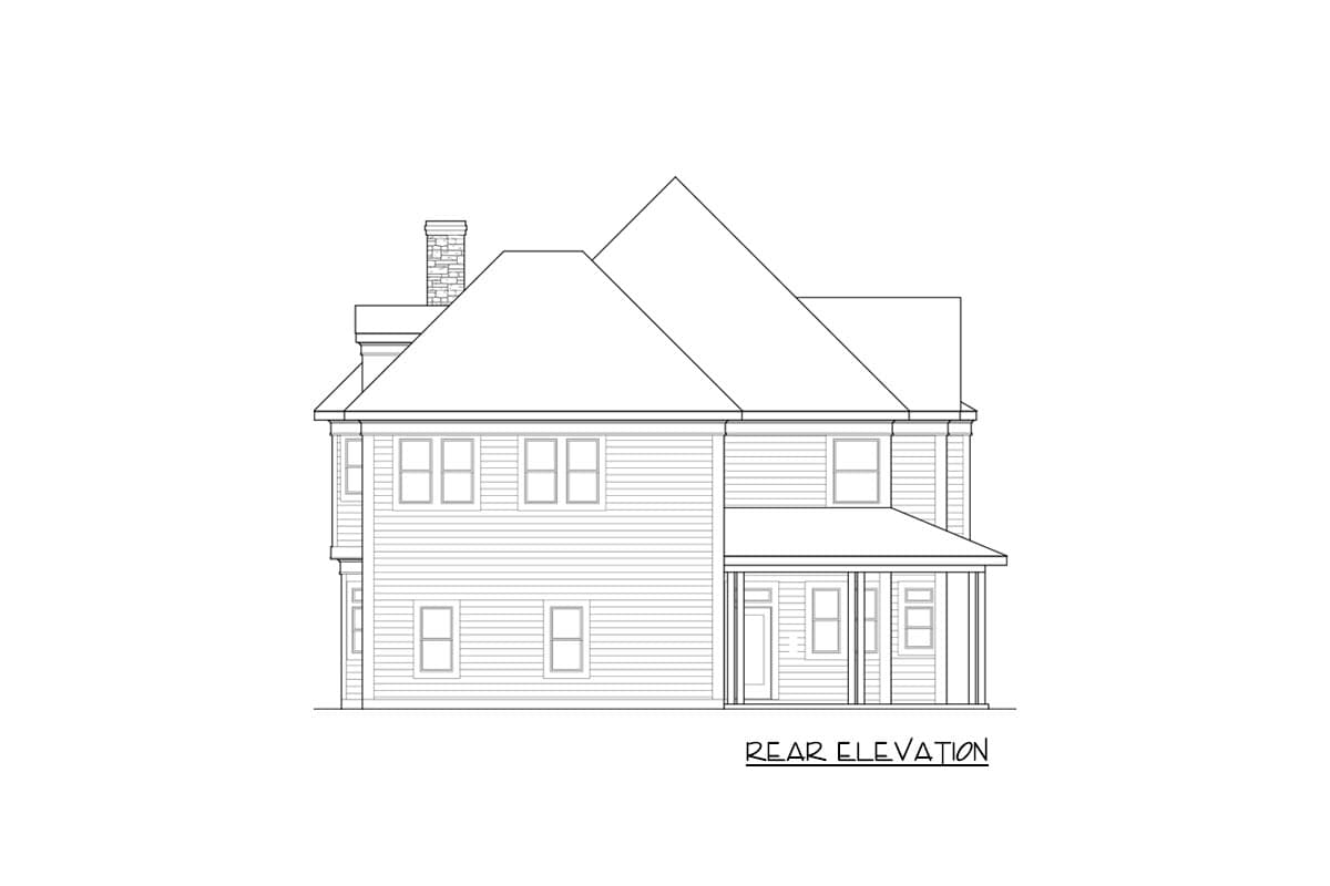Rear elevation drawing of a two-story house plan with a chimney, gabled roof, and covered porch.