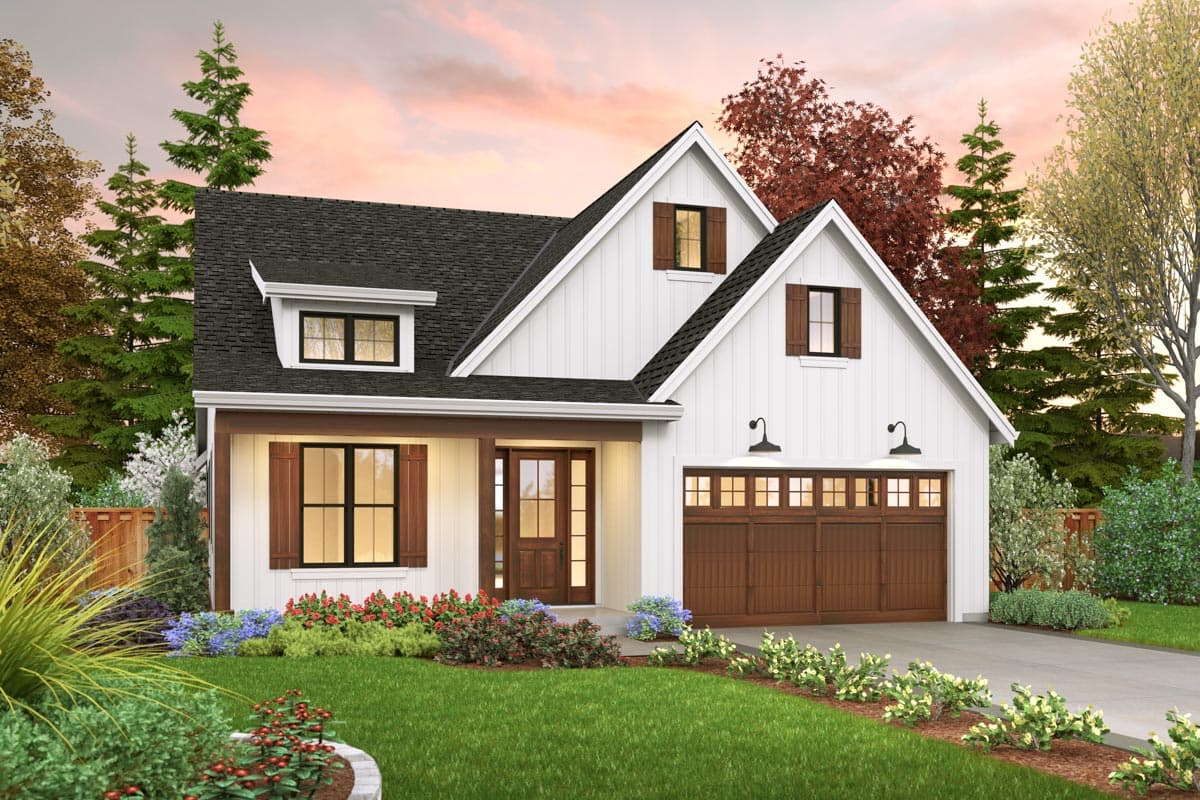 House plan exterior. Modern Farmhouse style, one-story. Features include gables, a covered porch, and a two-car garage with a brown door.
