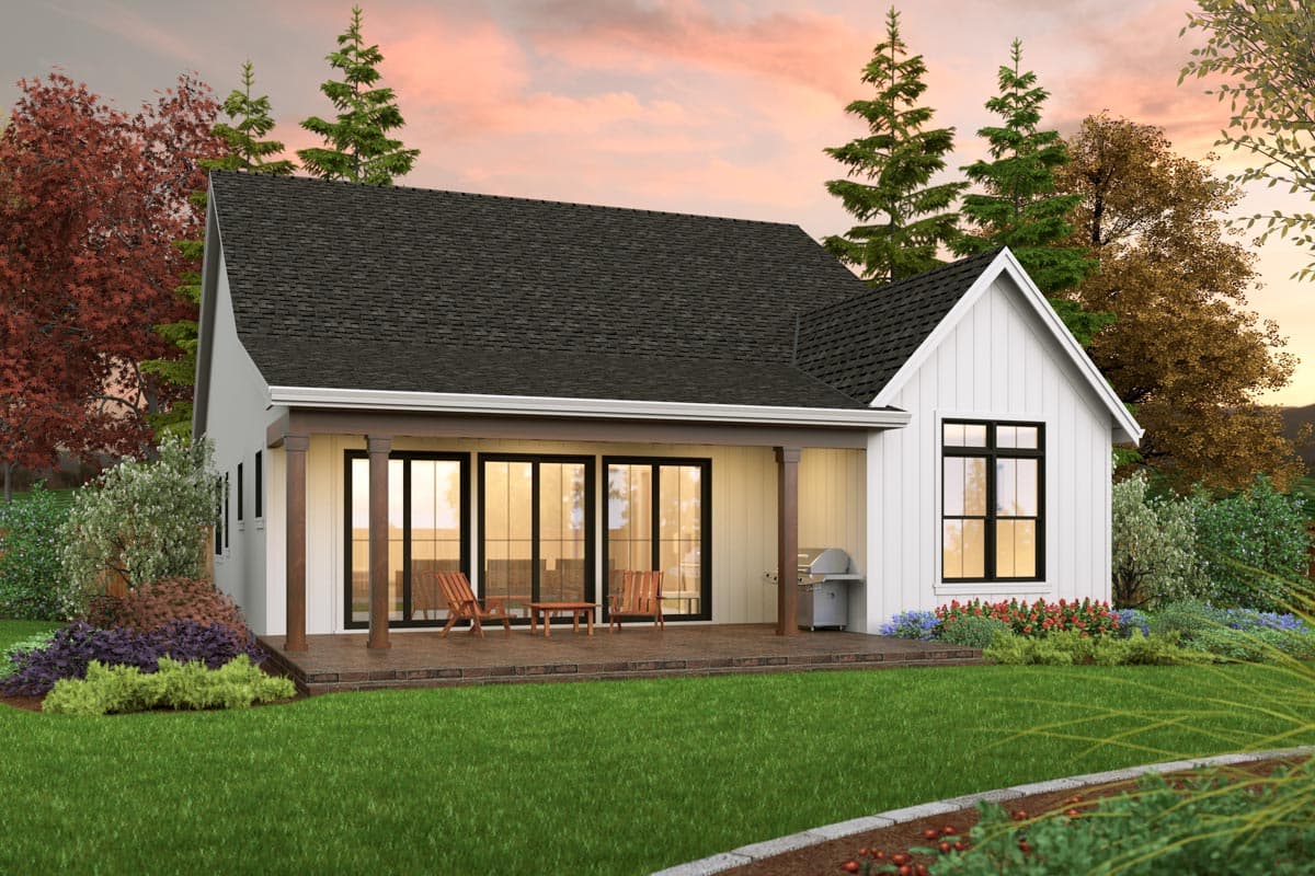 Modern Farmhouse house plan exterior: one story with covered porch, wide sliding glass doors, and gable end.