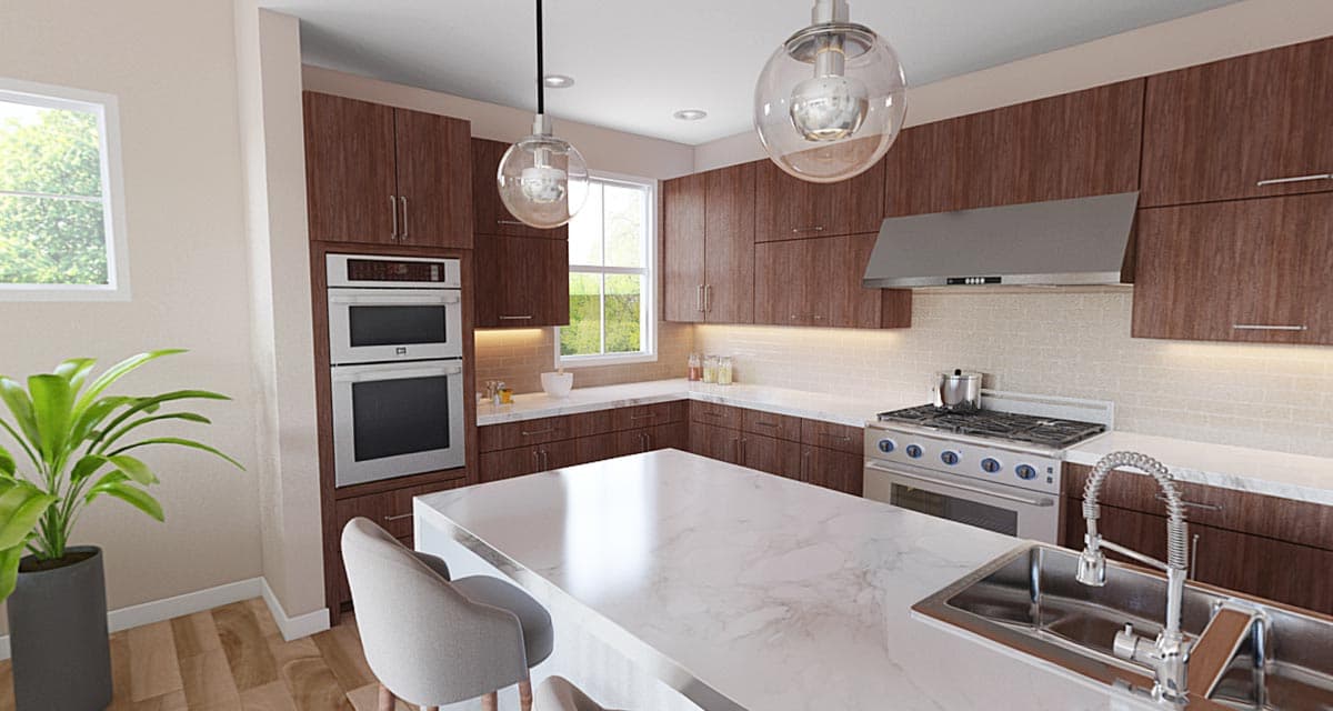 Kitchen rendering with dark wood cabinets, stainless steel double oven, gas range, large island with sink, and pendant lights.