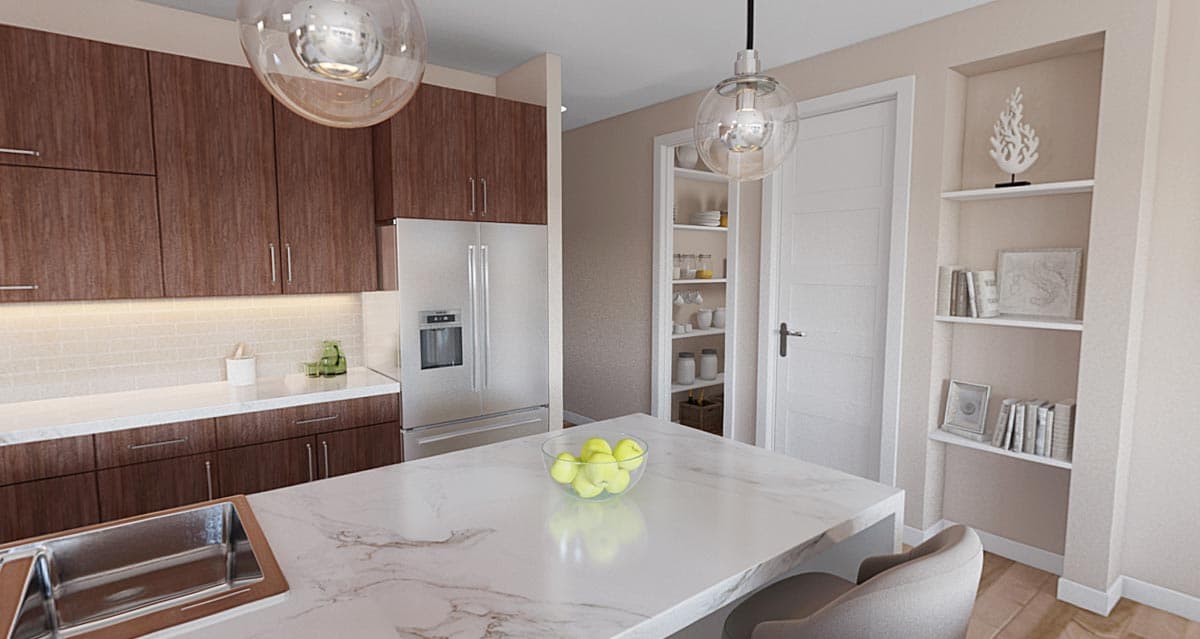 Modern kitchen with dark wood cabinets, white quartz island, stainless steel refrigerator, and pantry.