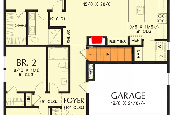 Plan 69774AM: 3-Bed New American House Plan with Open Concept Living Space - 1373 Sq Ft - Floor Plan - Basement Stairs - Country, Farmhouse, Modern Farmhouse, New American, Traditional