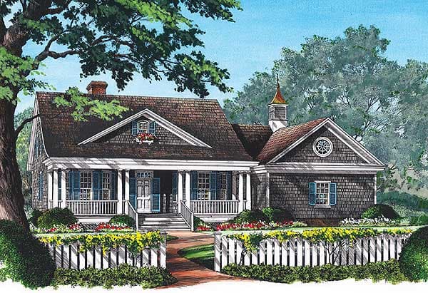House plan exterior: One-story home with a wrap-around porch, prominent gables, and dormer windows.