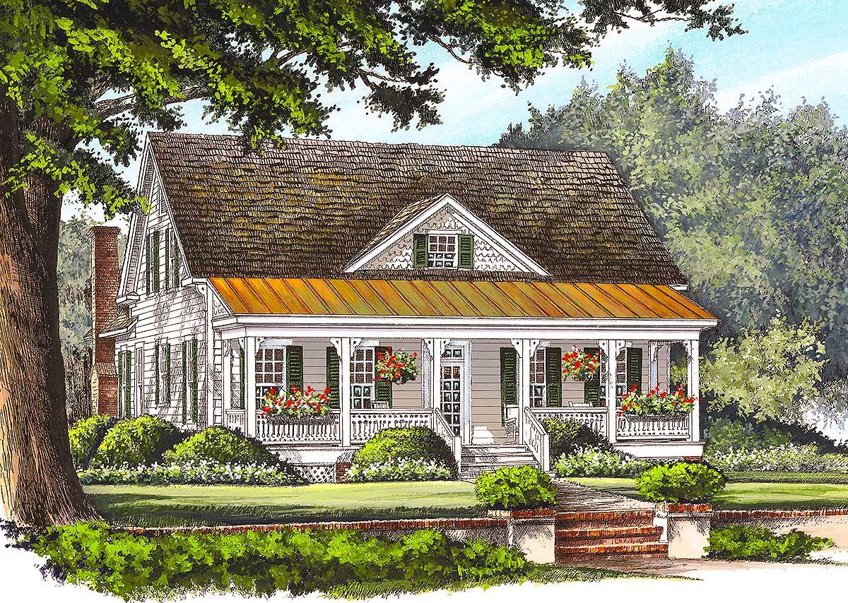 House plan exterior: Southern-style home with full-width front porch, decorative gable, and dormer window.