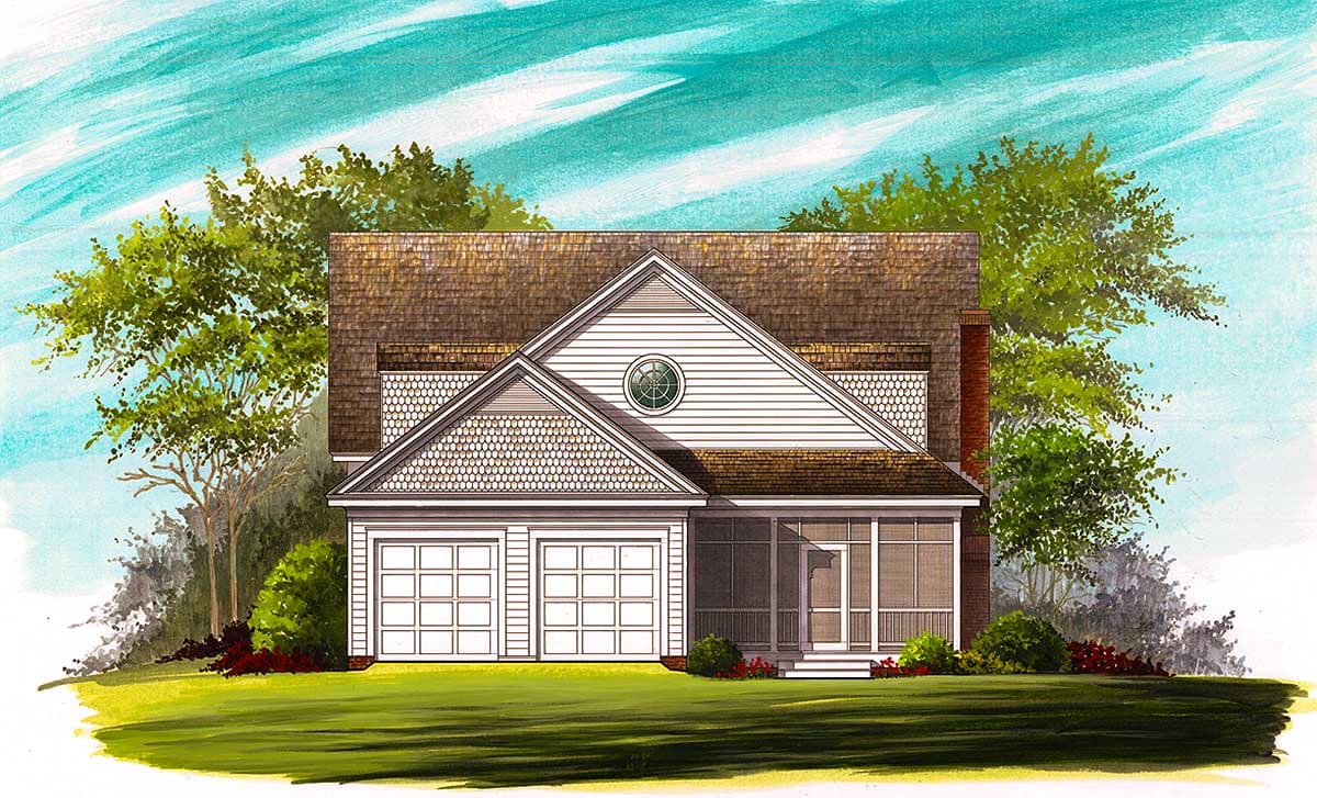 House plan exterior: Two-story home with dual garage doors, screened porch, circular attic window, and gabled rooflines.