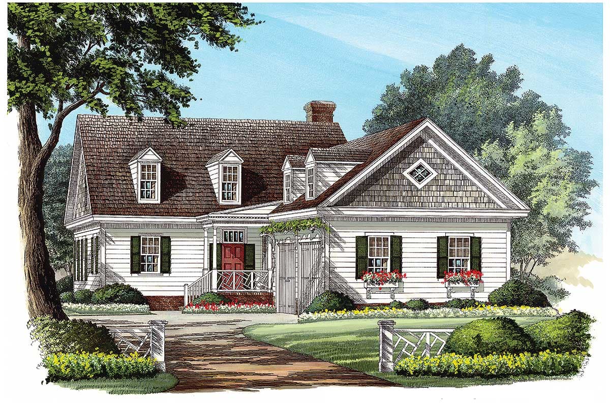House plan exterior: White siding, hip roof, dormer windows, front porch with columns, and a diamond-shaped gable vent.