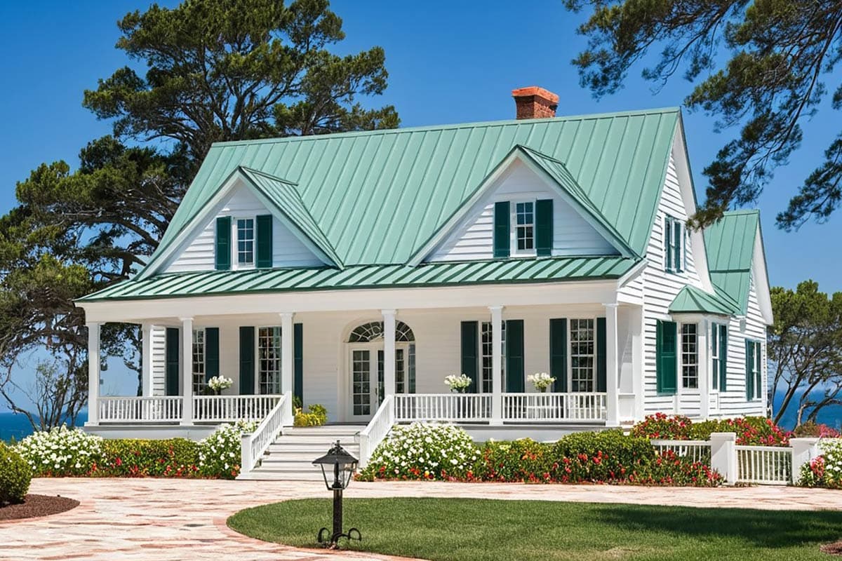 House plan exterior: Southern Colonial style, two stories, wrap-around porch, gables, dormers, and metal roof.