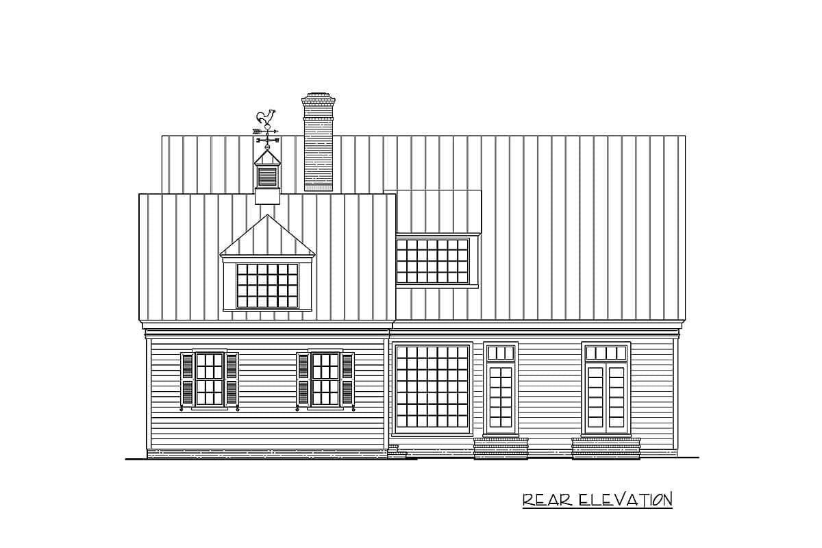 Rear elevation drawing of a house with a gambrel roof, dormer, chimney, and shutters on windows.