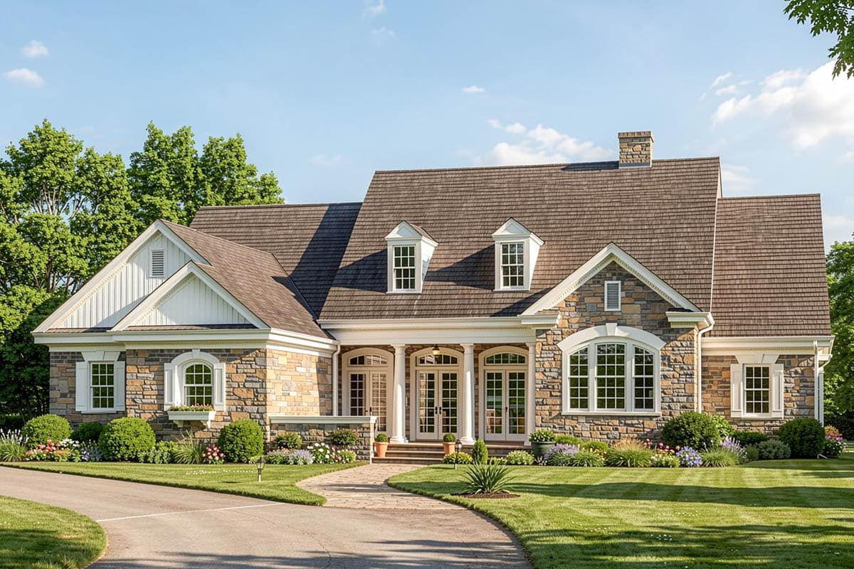 House plan exterior with stone facade, prominent gabled dormers, arched windows, and covered entry with columns.