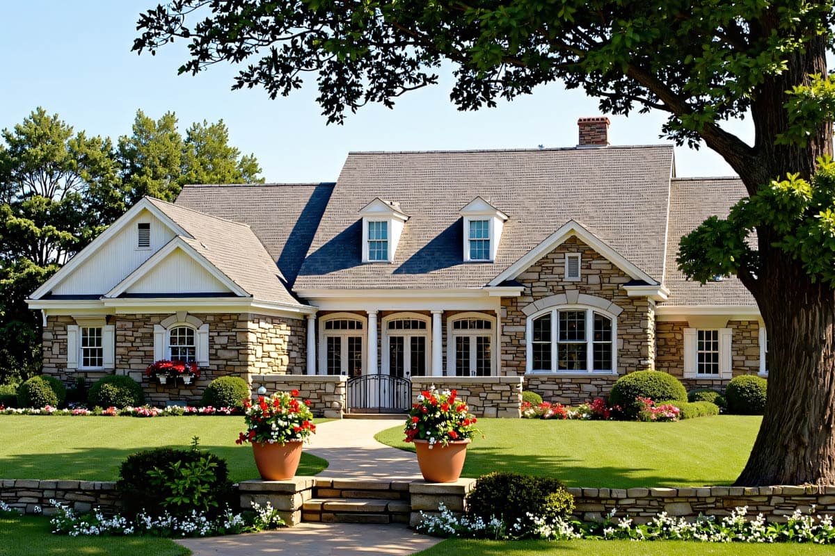 A large stone house with a well-manicured lawn, a pathway, and flower pots, framed by a large tree on the right side under a bright blue sky.