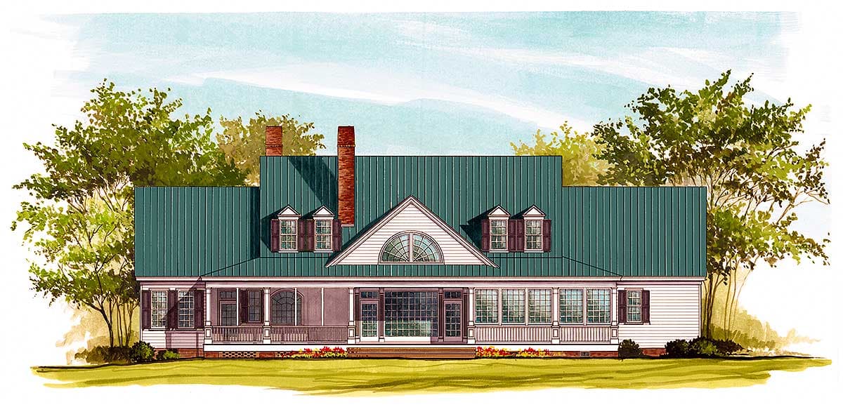 House plan exterior: Ranch style with a full front porch, screened porch, metal roof, dormers, and arched gable window.