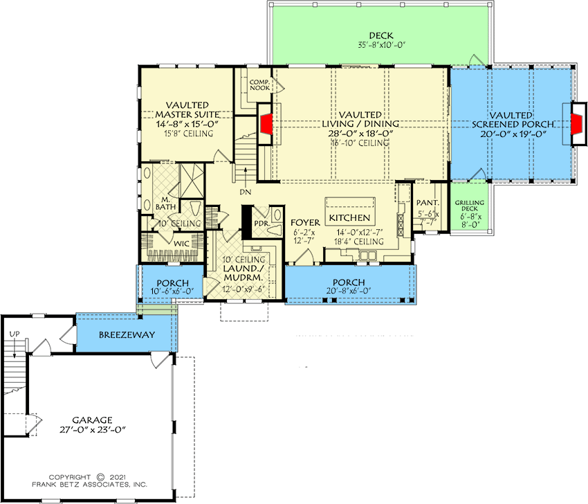 Plan 710394BTZ: Country Home Plan for the Sloping Lot with Flex Room Above the Detached Garage - Floor Plan - Main Level - Country, Southern, Traditional