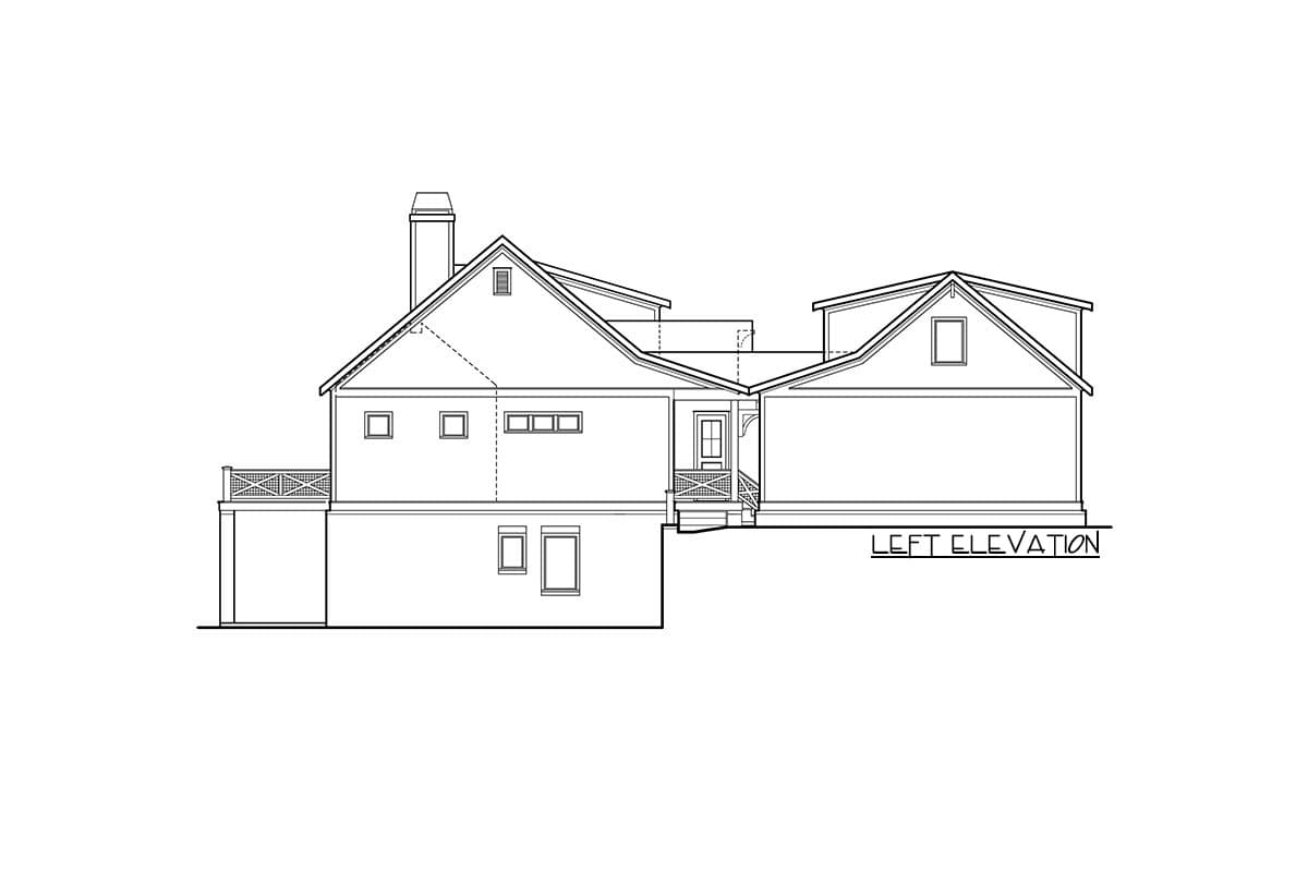 Left elevation house plan with prominent gables, chimney, covered entry, and deck.
