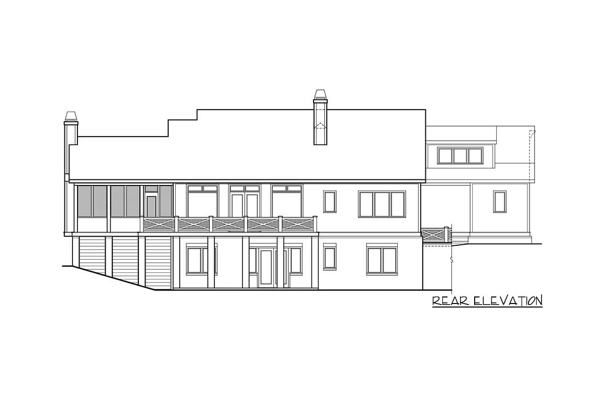 Rear elevation drawing of a multi-story house with a screened porch, balconies, and varied window configurations.