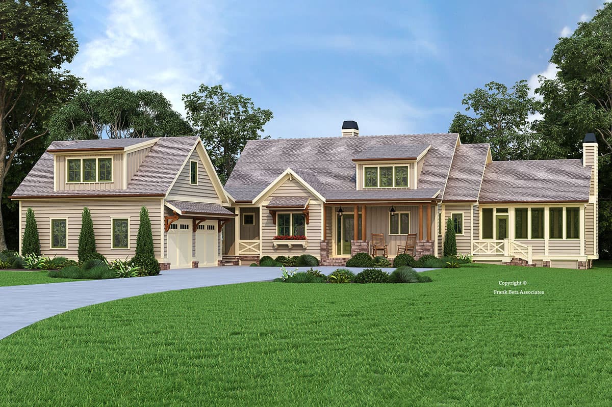 House plan exterior. Craftsman style, two stories with a front porch, gables, dormers, and a detached garage.