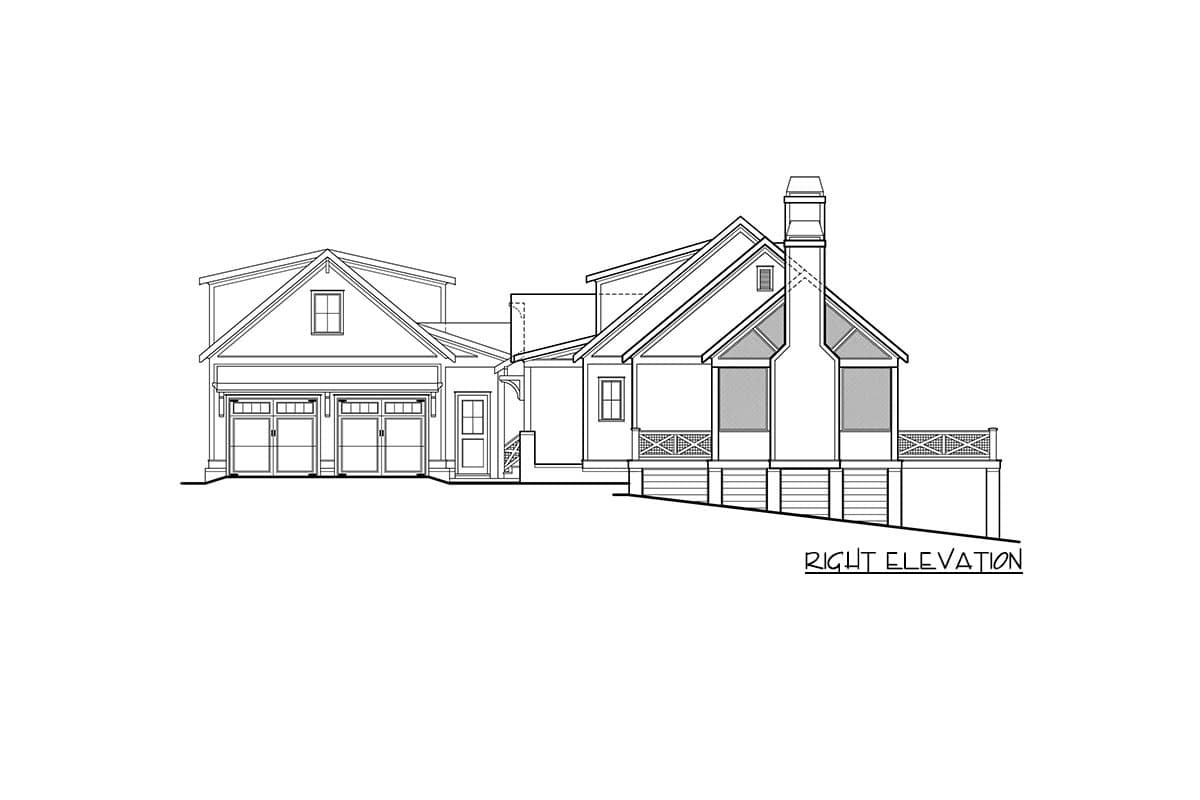 Right elevation house plan showing a three-car garage, dormers, gables, and screened porch with fireplace.