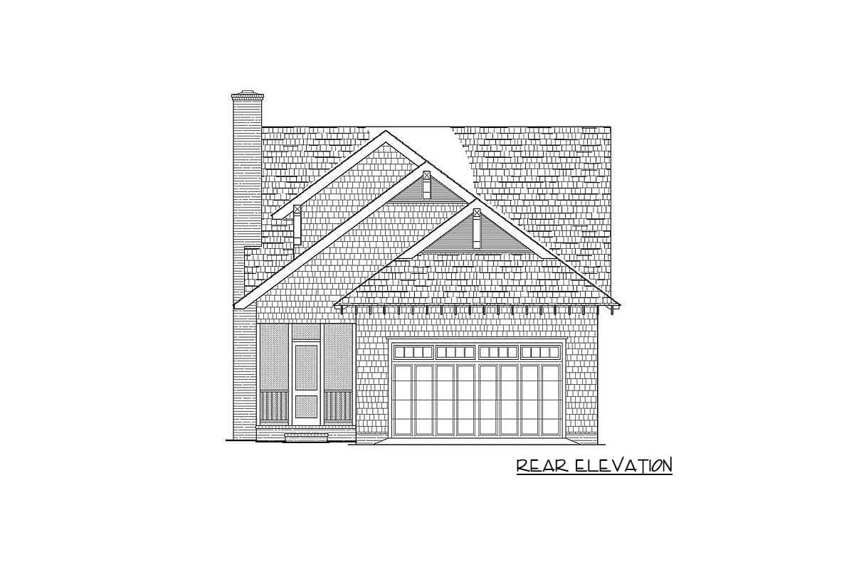 Rear elevation drawing of a house plan featuring a prominent chimney, multi-level gabled roof, and a large multi-panel garage door.