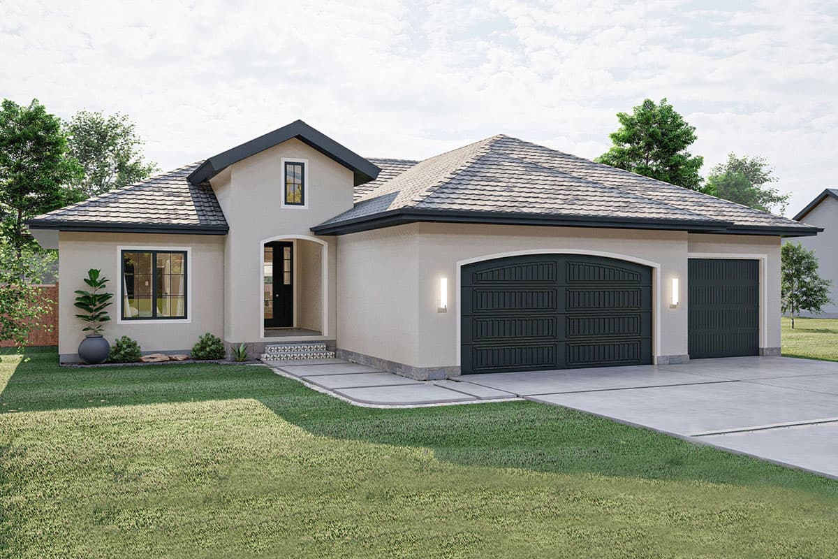 House plan exterior with stucco siding, a gable roof, arched garage door, and a single story.