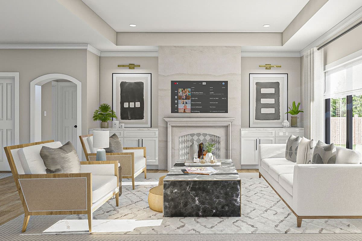 Interior rendering of a living room featuring a fireplace with a television above, sofas, armchairs, and a marble coffee table.