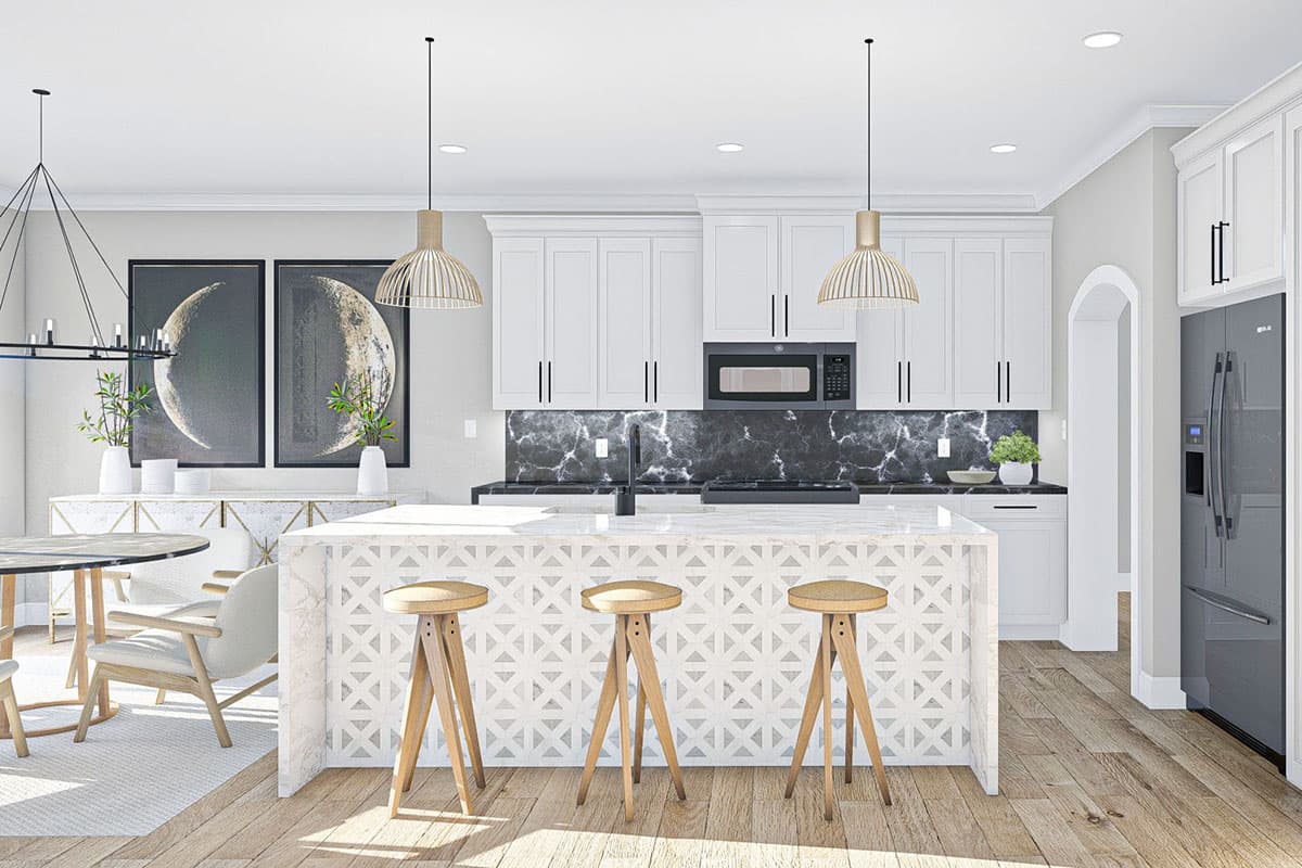Kitchen with white cabinets, marble backsplash, island with seating, and dining area. Architectural rendering.