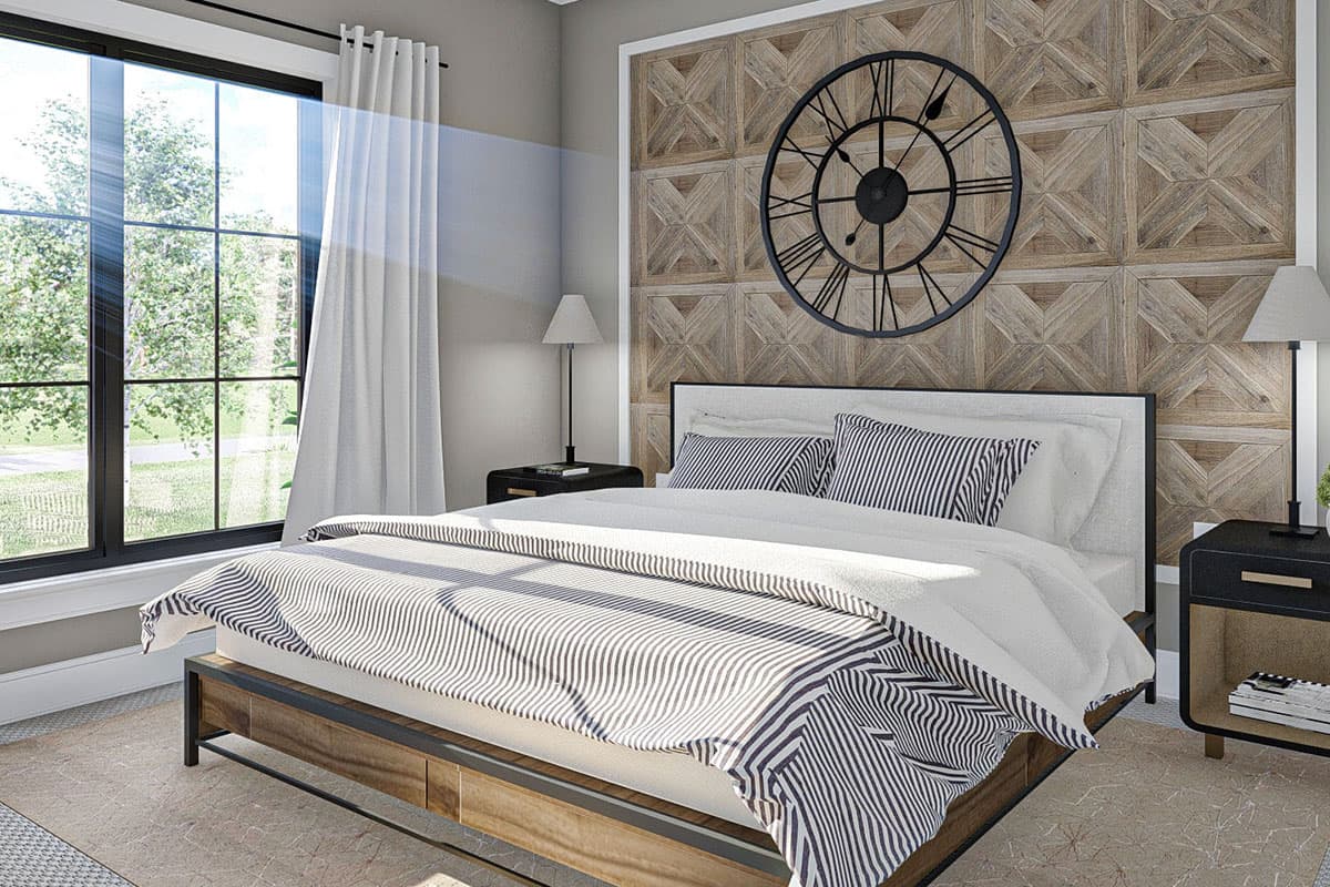 Bedroom rendering with bed, large window, and patterned wood accent wall with clock.