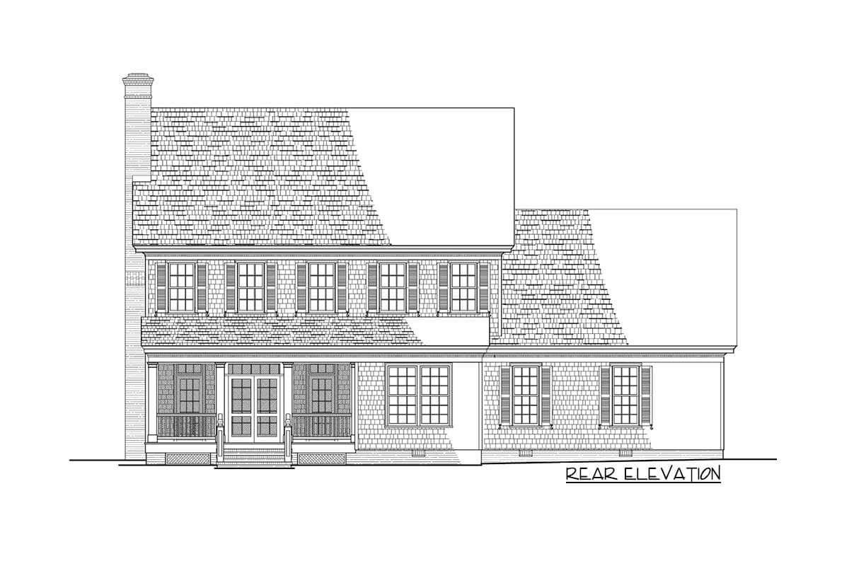 Rear elevation house plan: two-story, symmetrical facade with a covered front porch, dormer windows, and a prominent chimney.