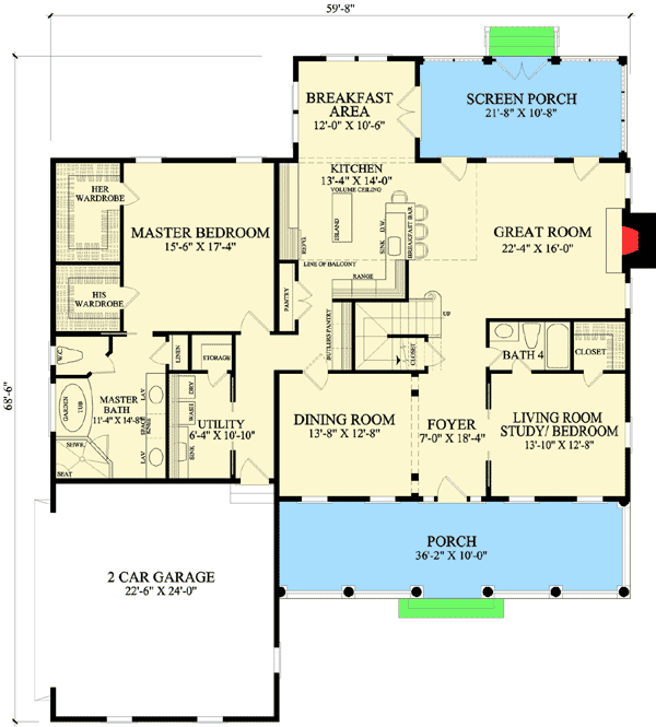 Plan 32609WP: Shingle Style Home with First Floor Master - 3277 Sq Ft - Floor Plan - Main Level - Colonial, Shingle, Traditional
