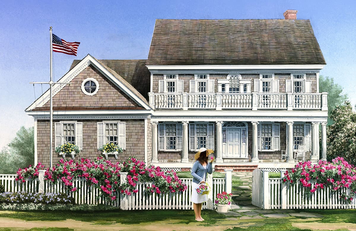 House plan exterior: Two-story colonial-style home with a prominent front porch, second-story balcony, and shingle siding.