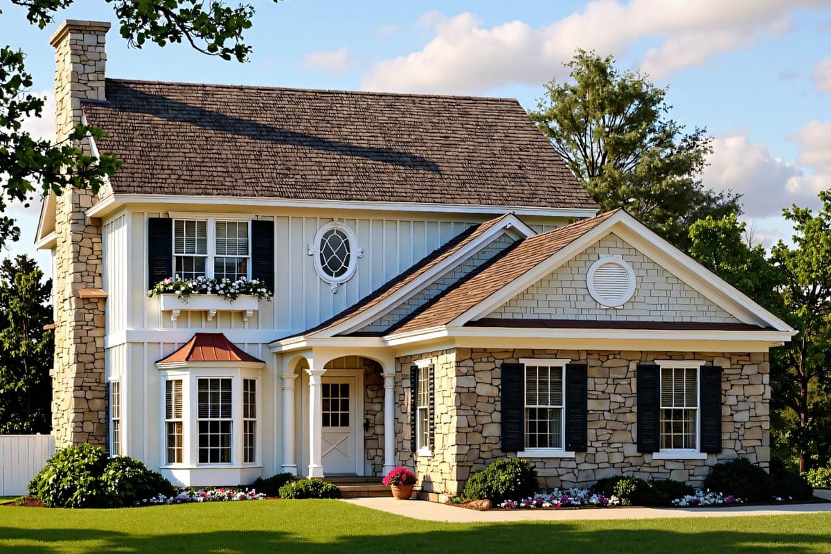 A two-story house with a stone chimney and walls. The house has multiple windows, flower boxes, and a porch on a green lawn.
