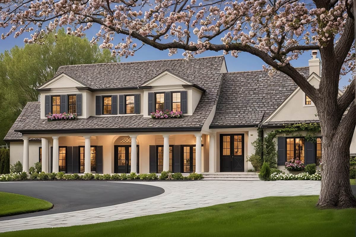 House plan exterior showing a two-story home with a covered portico, multiple gables, and dormer windows.