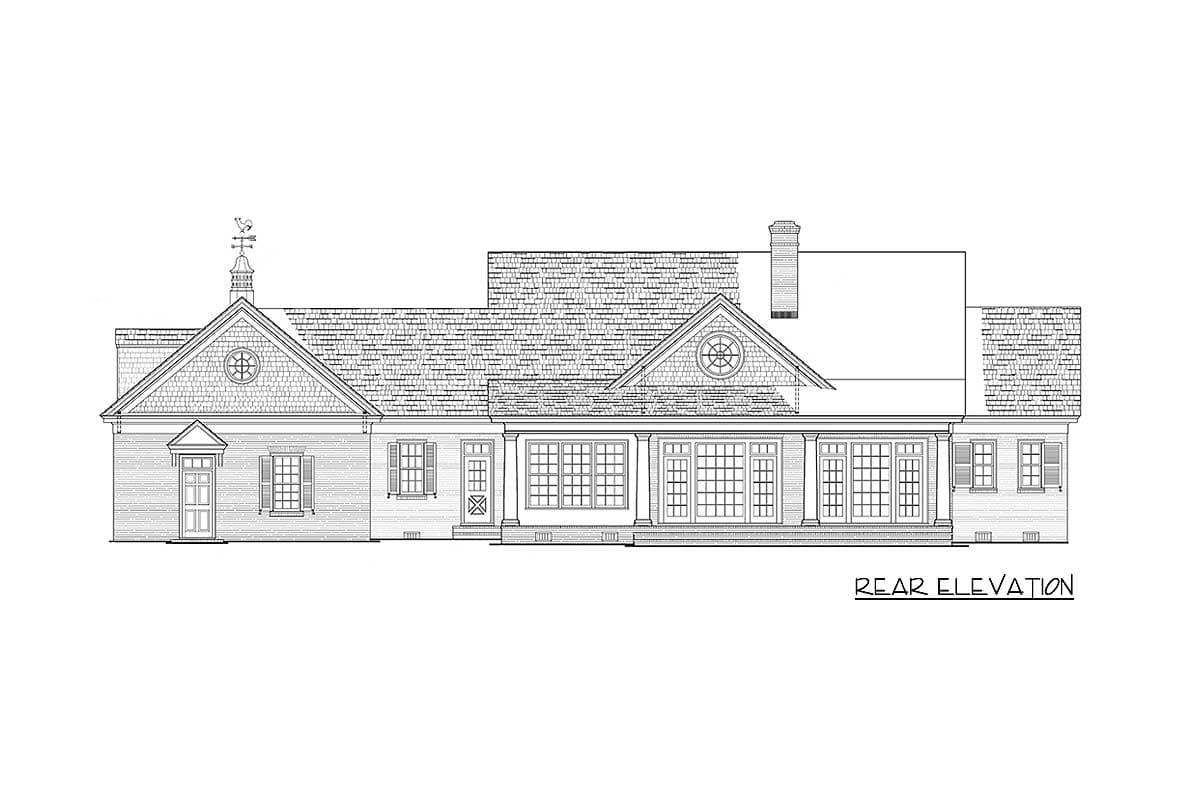 Rear elevation drawing of a house plan featuring multiple gables, a prominent dormer, and a long covered porch with large windows.