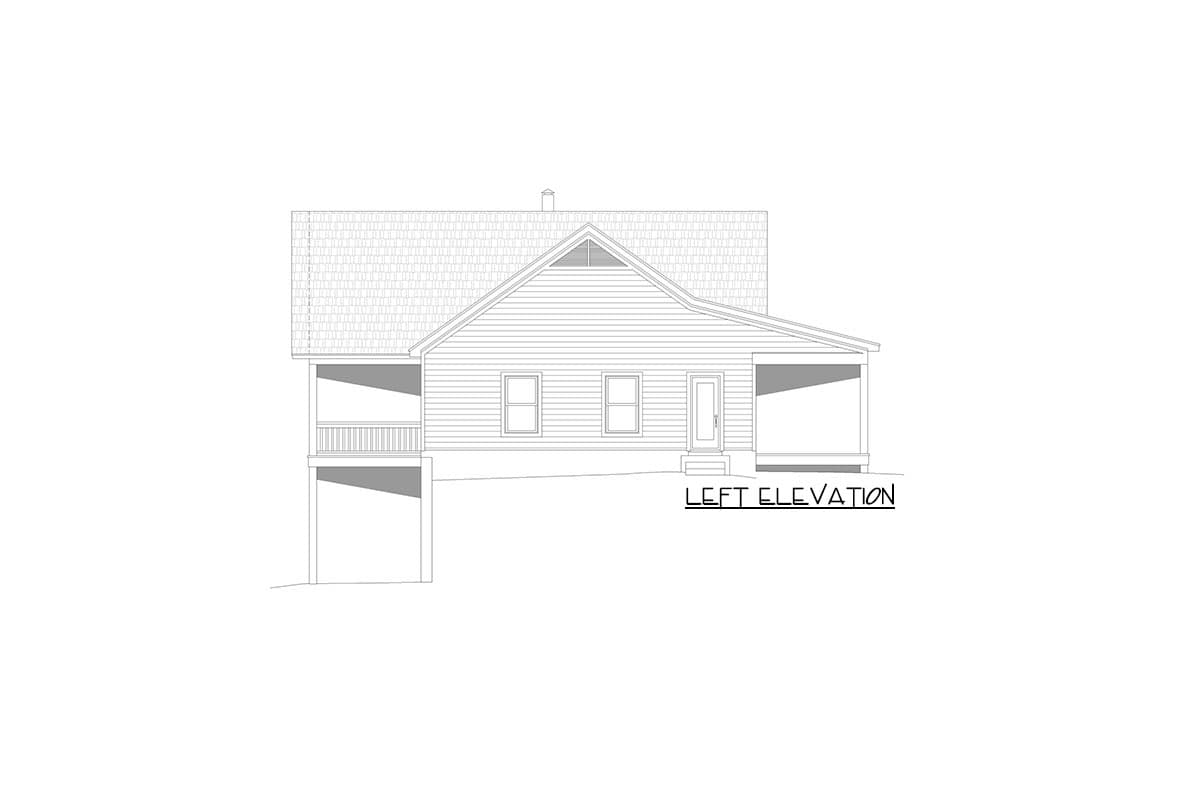 Left elevation drawing of a house plan featuring a gable roof, two windows, a door, and covered porches on either side.