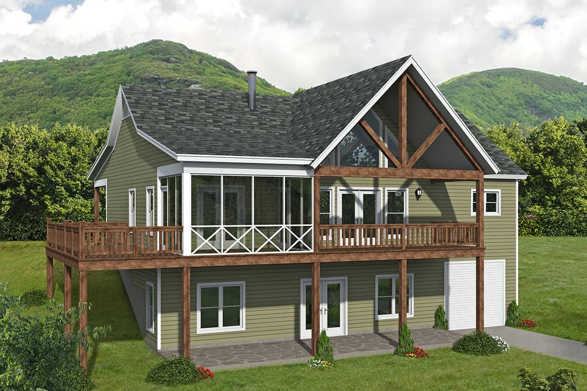 House plan exterior. Two-story, with open porch and screened-in porch. Features include gable roof and exposed timber beams.