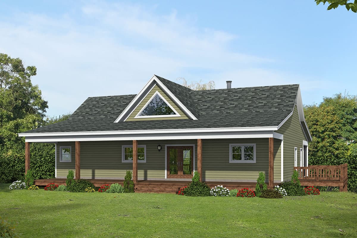 House plan exterior: One-story Modern Farmhouse with wraparound porch, gabled dormer window, and side deck.