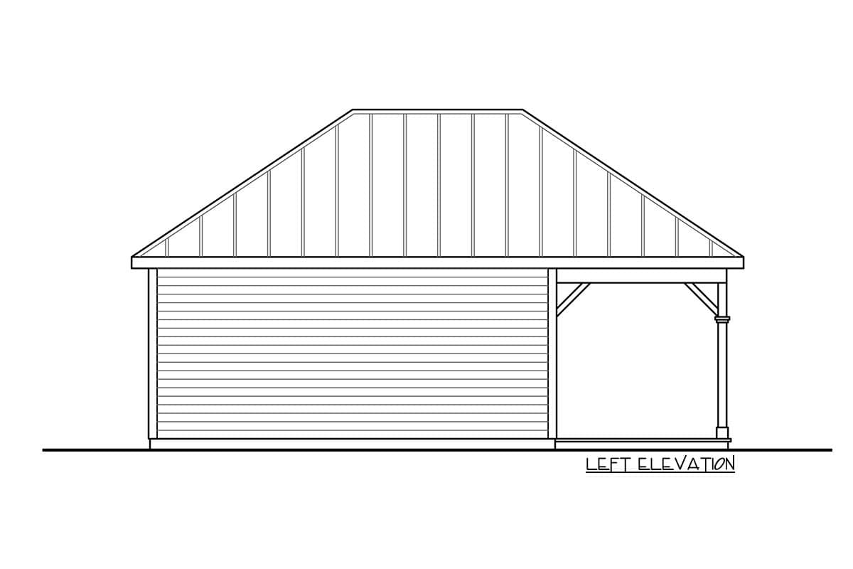 Left elevation of a house plan showing horizontal siding, a metal roof, and a covered porch with decorative supports.