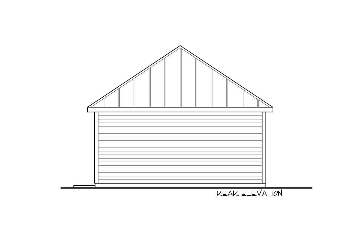 Rear elevation drawing of a house plan, showing horizontal siding and a gable roof with visible rafters.