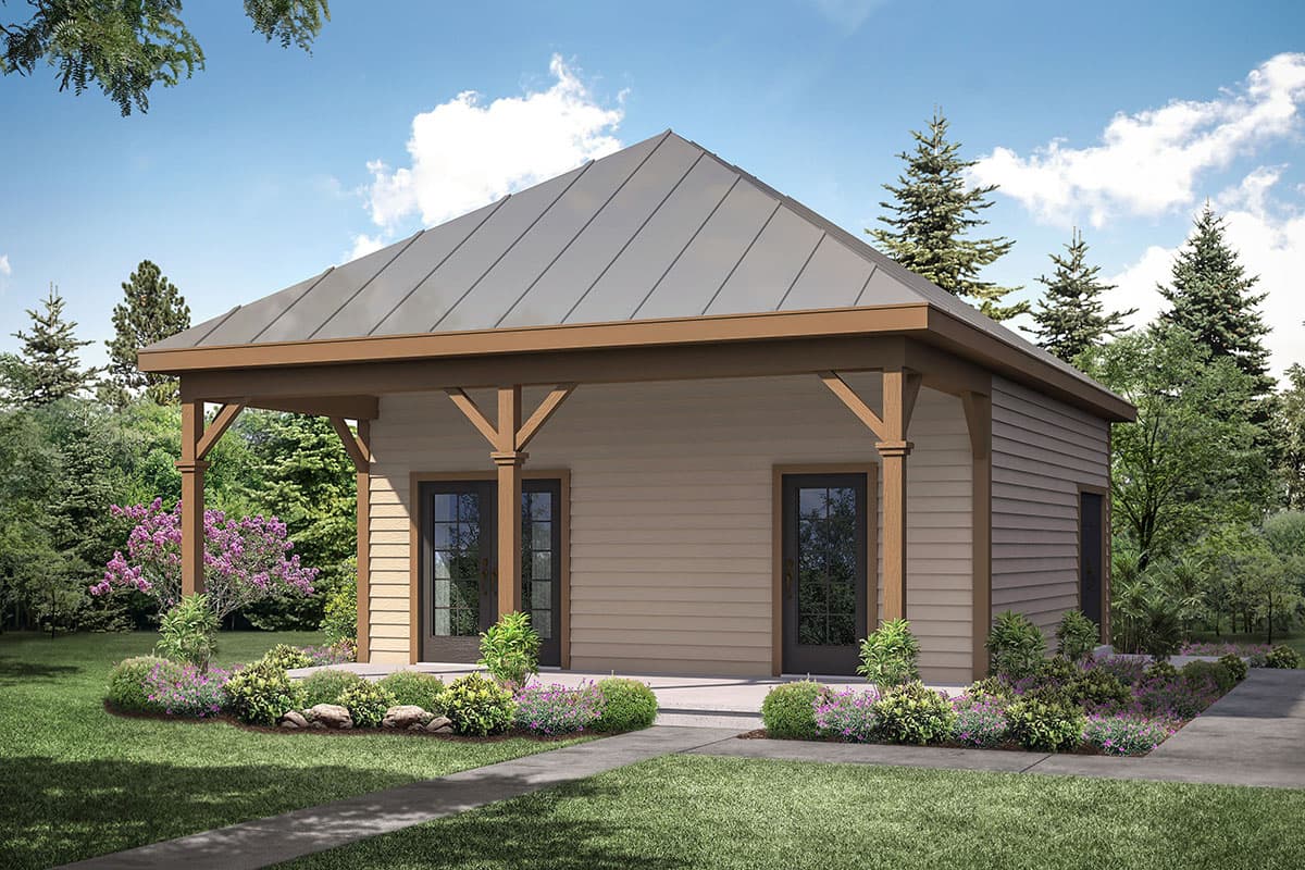 House plan exterior with shed roof, Craftsman-style details, and covered porch supported by angled timber supports. Features two French doors.