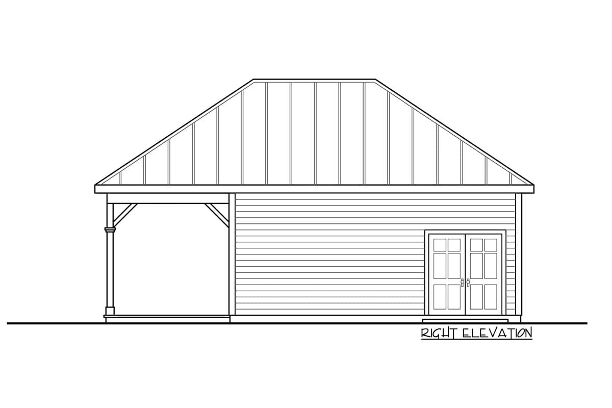 House plan right elevation drawing shows a hip roof, covered porch with wooden supports, clapboard siding, and double doors.