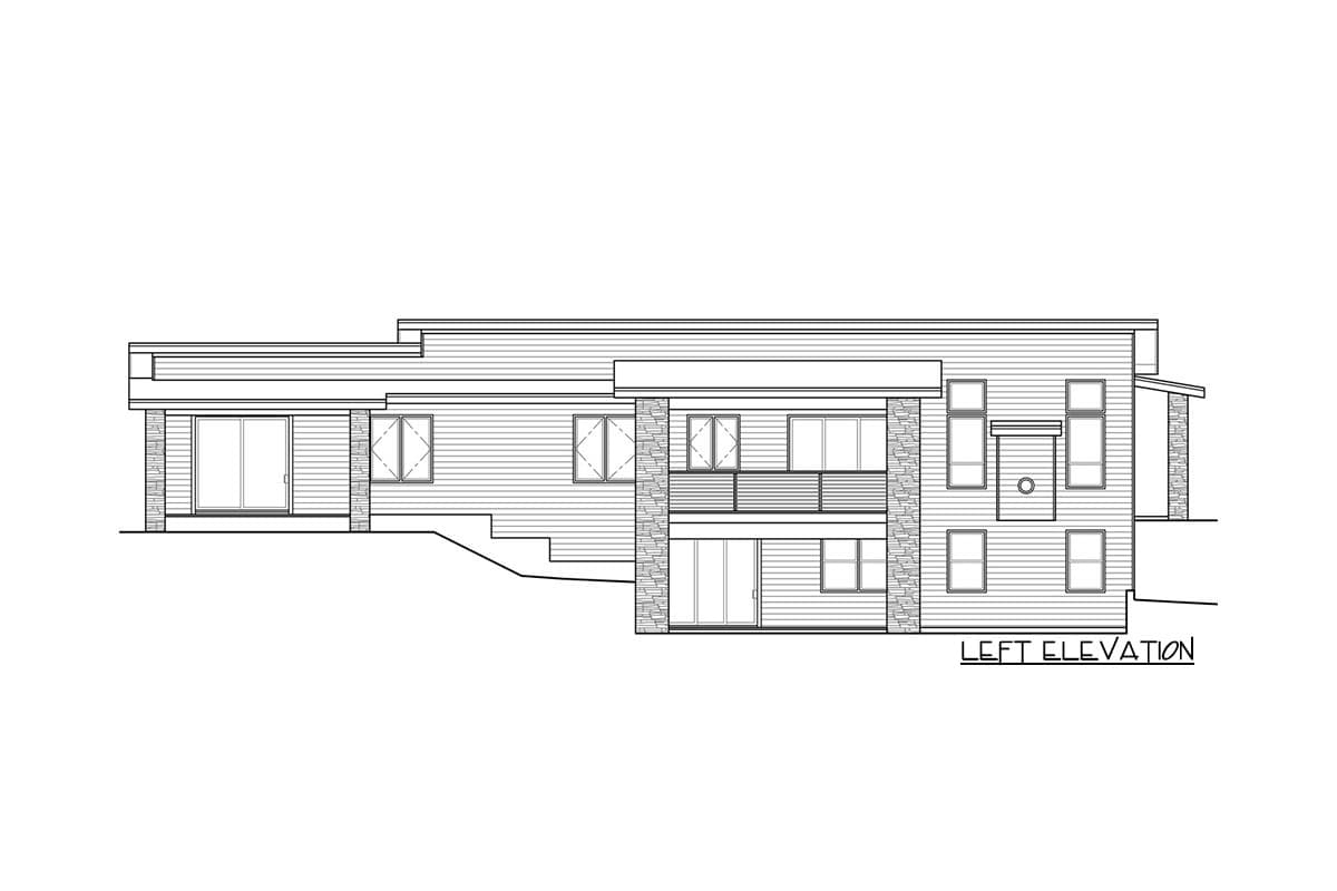 Left elevation house plan with multiple levels, horizontal siding, stacked stone accents, and varied window sizes.