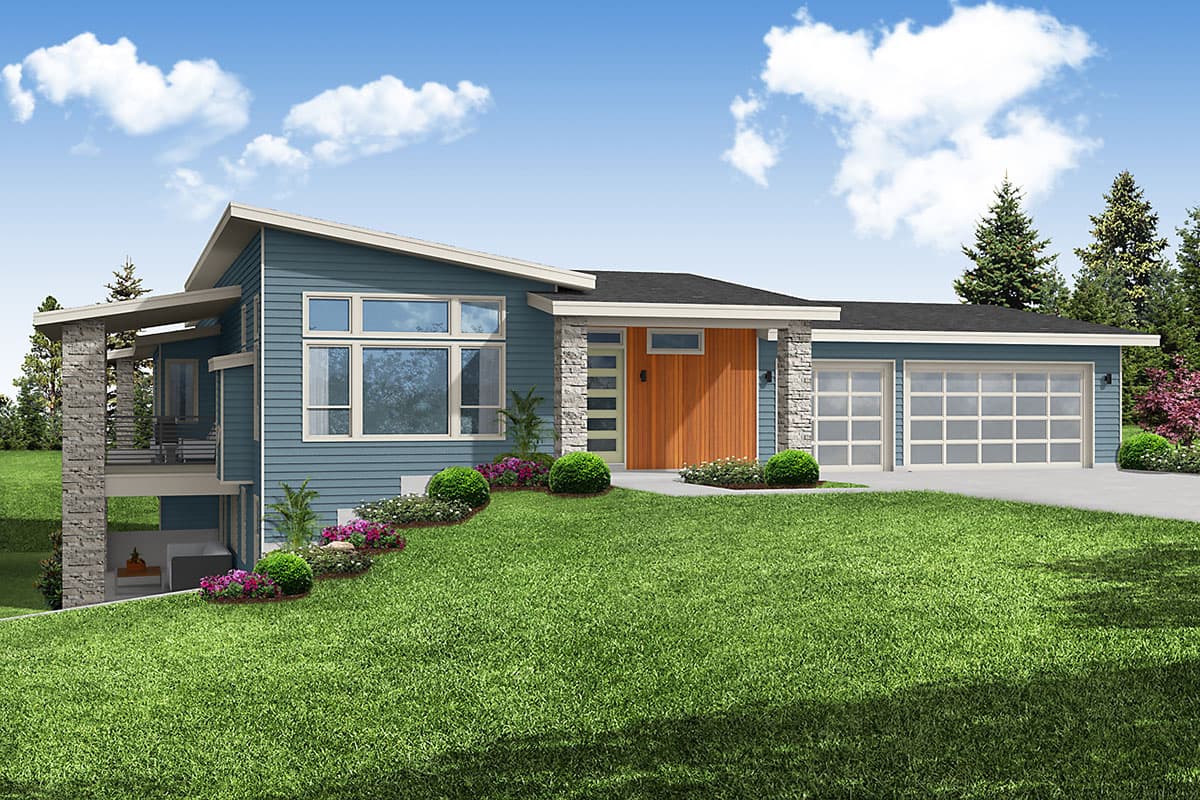 House plan exterior. Modern style, one-story home with a shed roof. Features include a covered porch, stone accents, and a two-car garage.