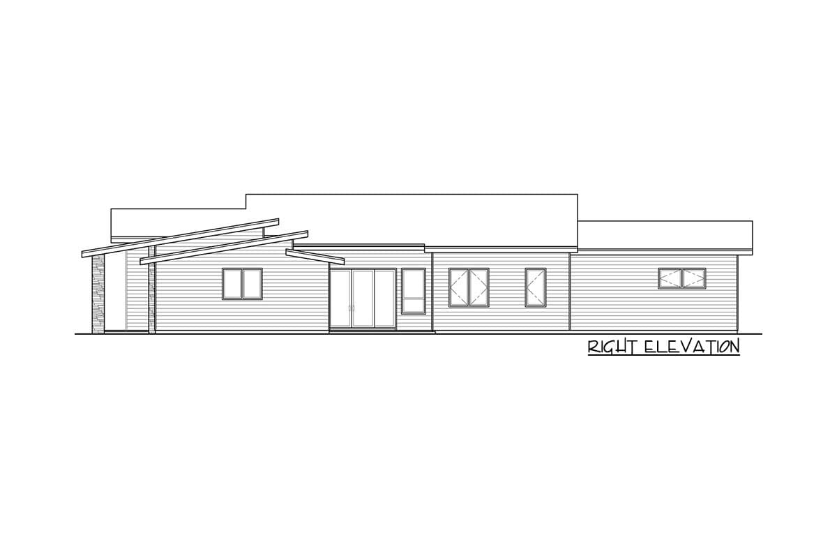 Right elevation drawing of a one-story house plan with asymmetrical rooflines, horizontal siding, and multiple windows.