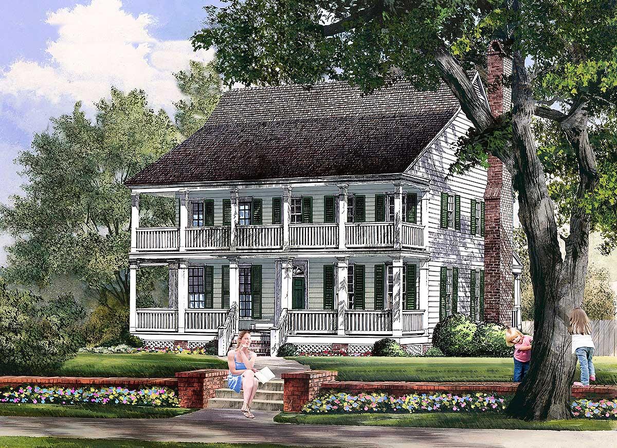 House plan exterior, two-story Colonial Revival with double wraparound porches, green shutters, and a prominent brick chimney.