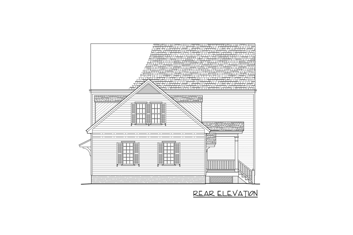 Rear elevation drawing of a two-story house plan with a gabled dormer, paneled shutters, and a covered rear porch.