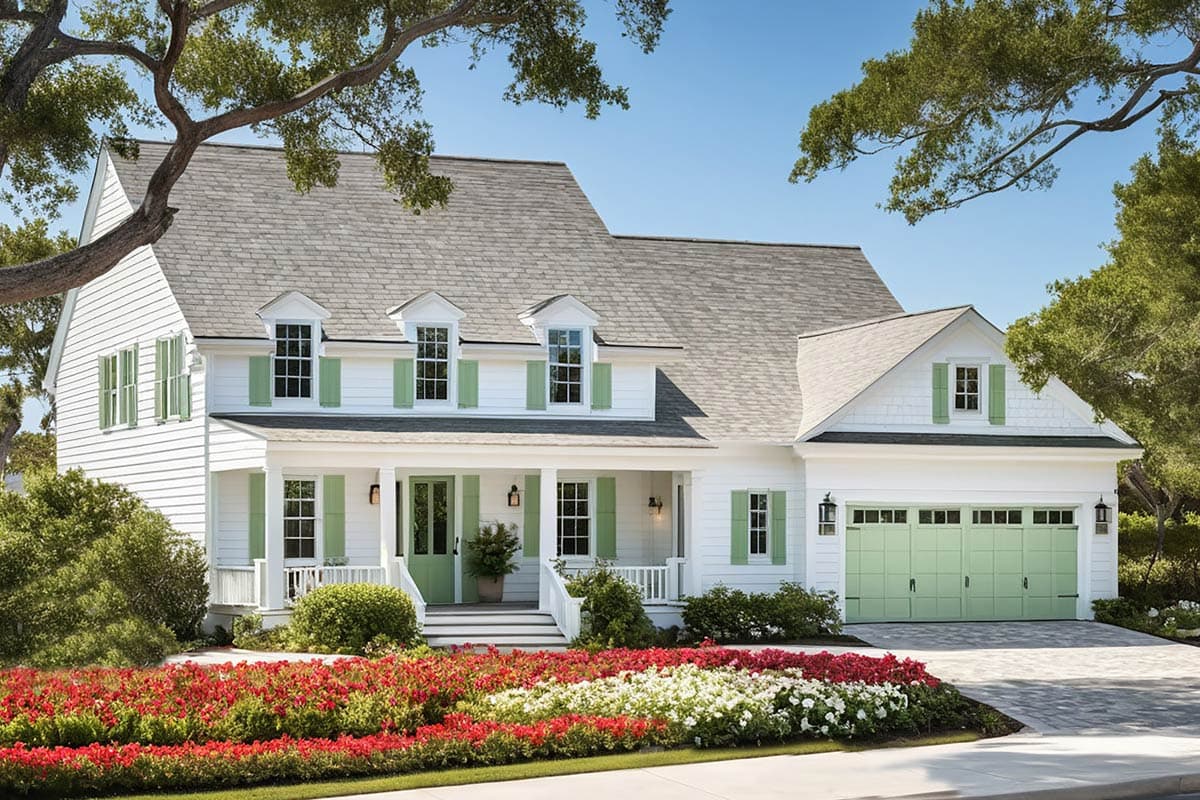 House plan exterior: two-story Modern Farmhouse with dormers, front porch, and side-entry garage.