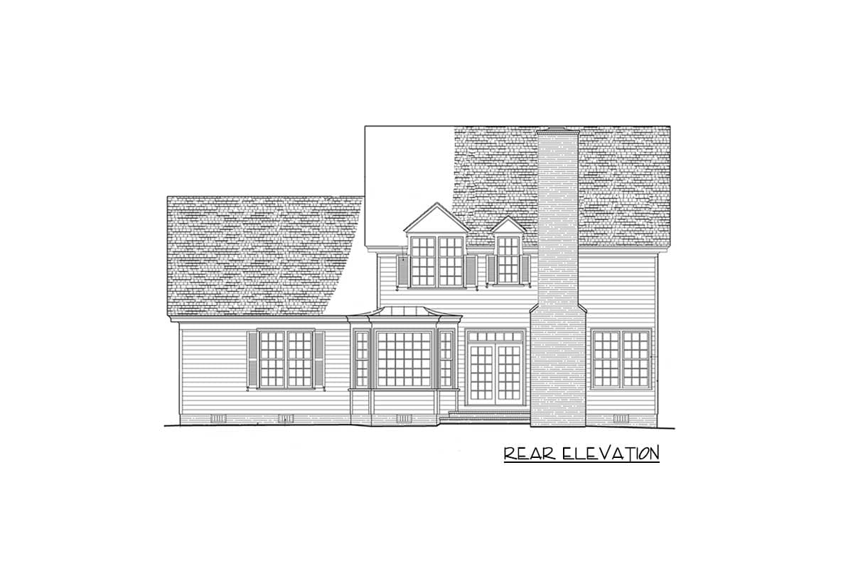 Rear elevation drawing of a house plan featuring a prominent brick chimney, multiple gables, and a bay window.