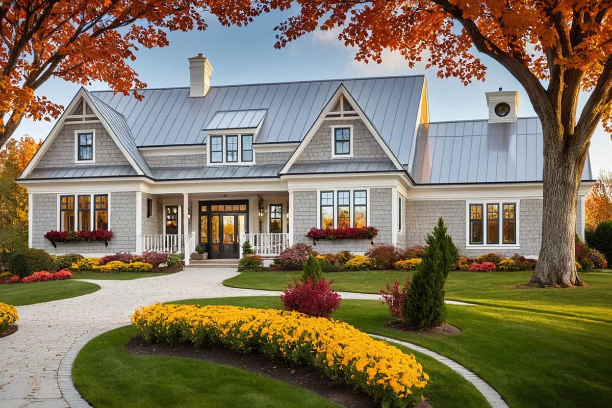 A beautiful two-story house with a gray roof, surrounded by fall foliage and a winding driveway lined with vibrant yellow flowers.