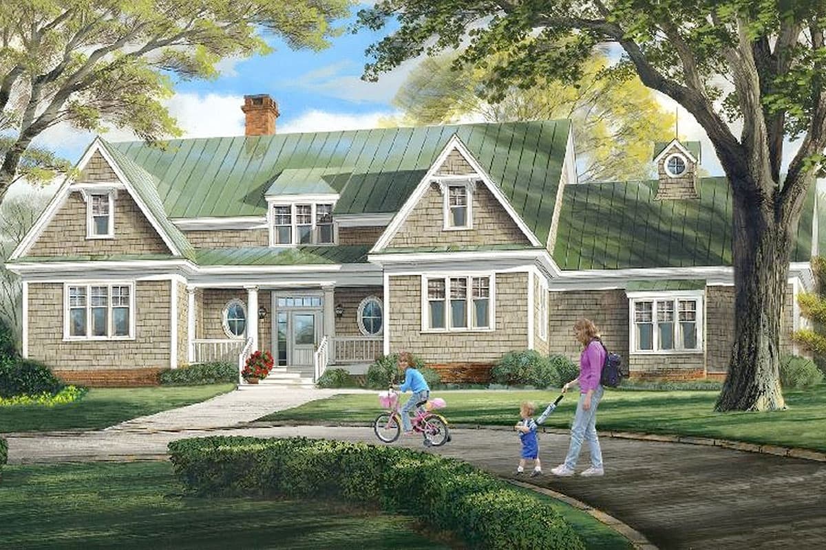 Craftsman style house plan exterior with green metal roof, gables, dormers, and covered front porch.